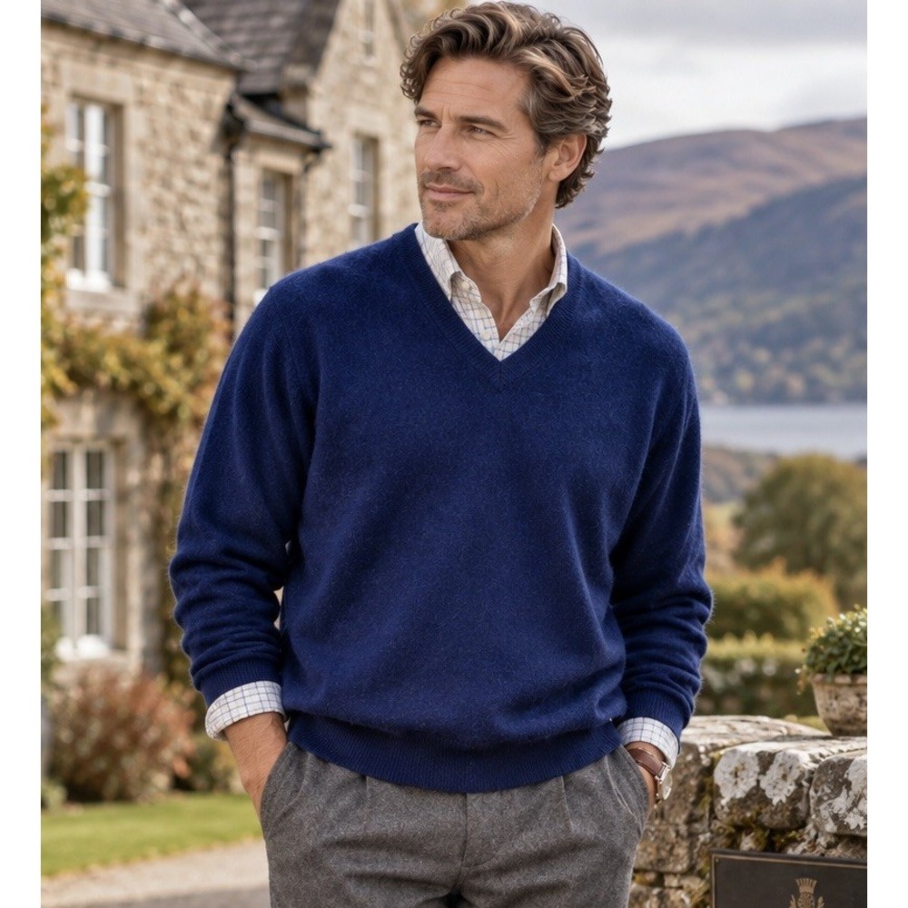 VTG Pringle Royal Blue Men's 100% Cashmere Sweater L Made in Scotland Old Money